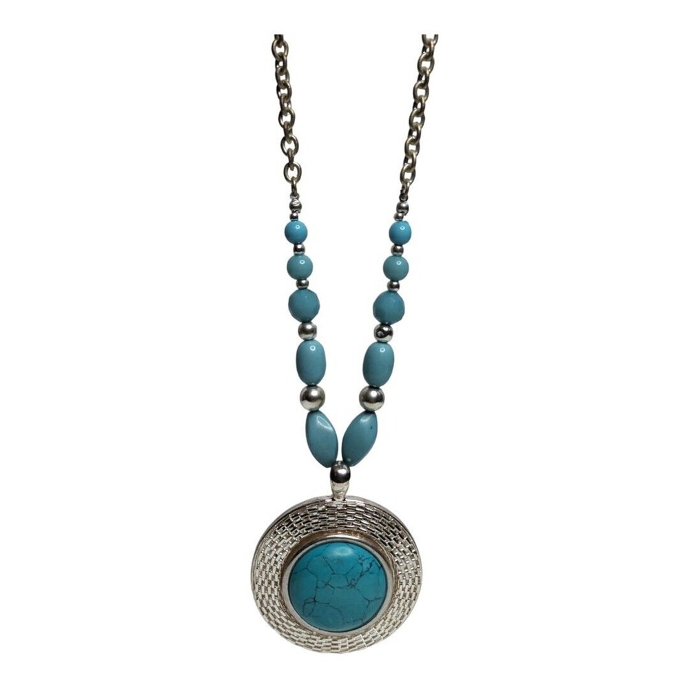 Silver Tone Faux Turquoise Beaded Statement Necklace Boho Southwestern Style‎